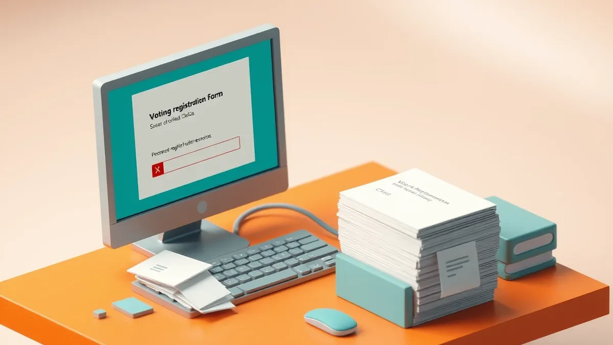 Illustration: A desktop computer screen displays a blank voting registration form with a red error icon in the corner.