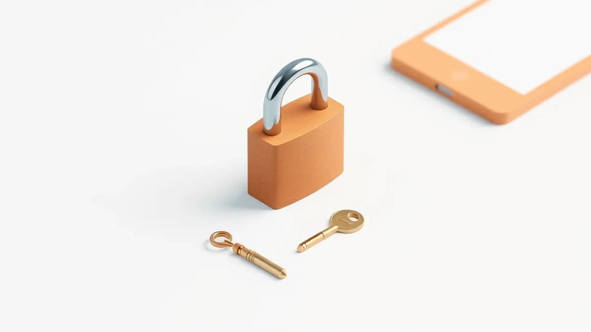 Illustration: A simple wooden padlock sits on a clean white table, its shackle closed and secure.
