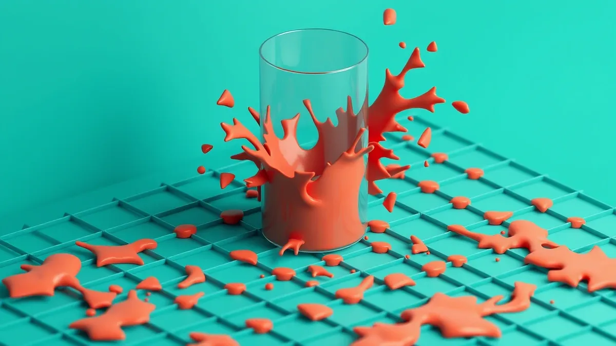 Illustration: A transparent glass cylinder overflows with chaotic, jagged red liquid that spills outward and dissolves the rigid grid structure beneath it, causing the orderly patt