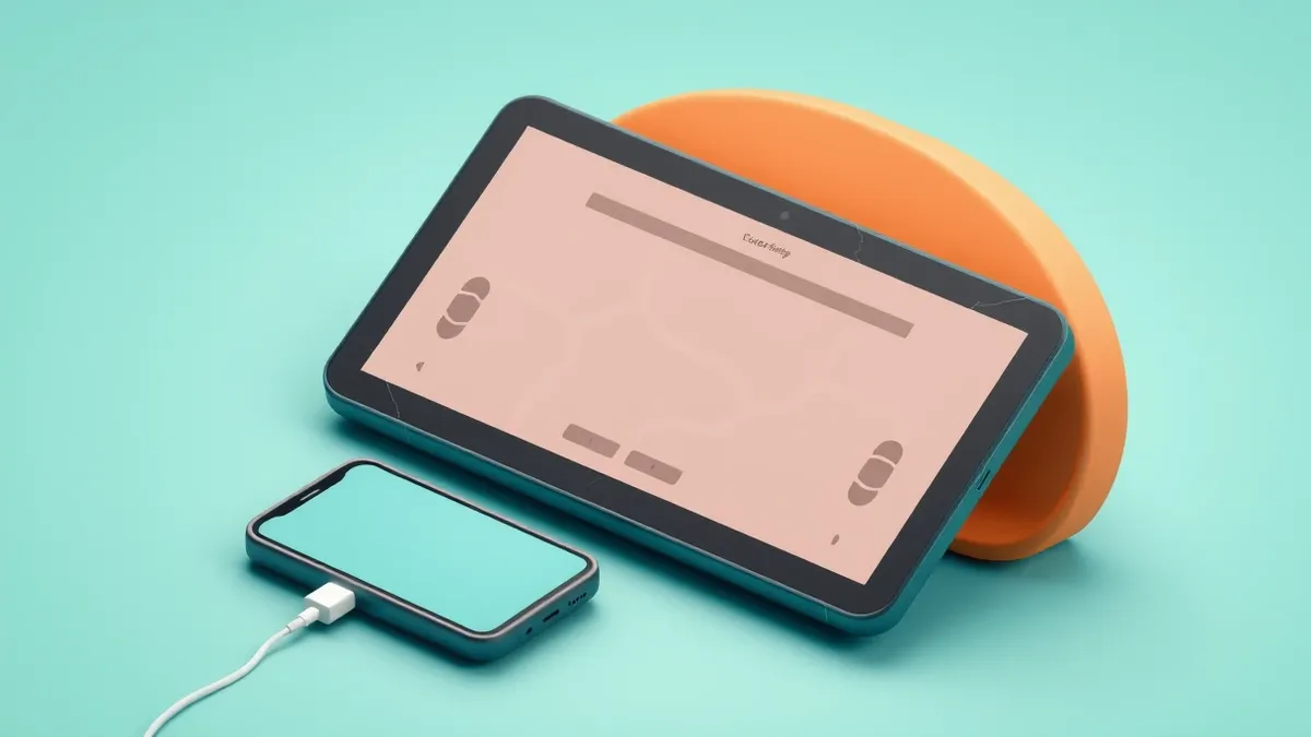 Illustration: A cracked tablet screen displays a simplified car dashboard interface with large abstract icons and a blank map area.