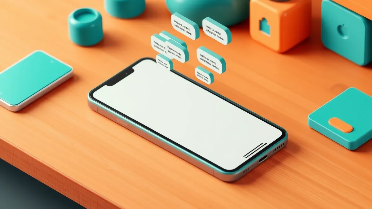 Illustration: A smartphone rests on a wooden table, its screen displaying a blank messaging app interface with several new outgoing message bubbles floating upward, indicating sile