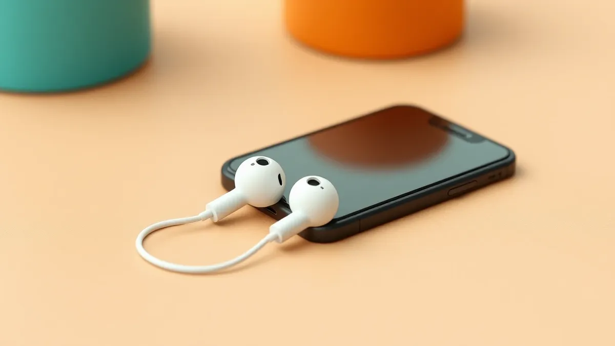 Illustration: A pair of white wireless-style earbuds rests on a wooden table beside a black smartphone.