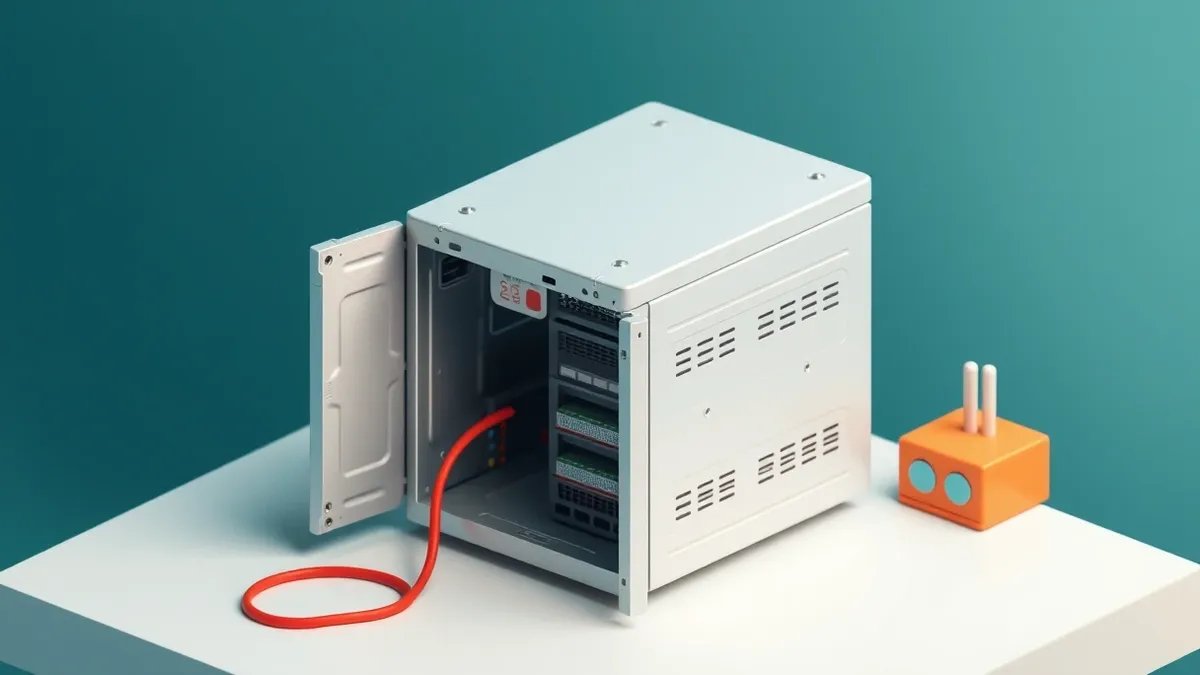 Illustration: A silver server unit sits open on a clean desk, revealing its internal circuitry and drive bays.