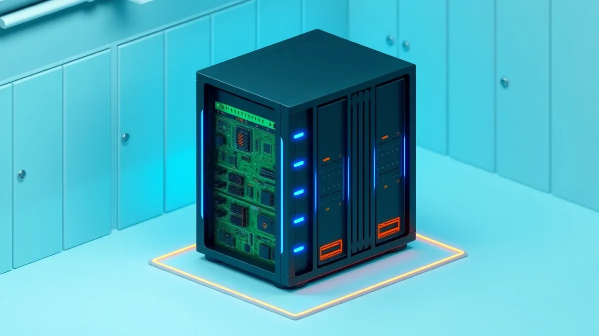 Illustration: A sleek black server chassis with visible green circuit boards sits inside a climate-controlled data hall.