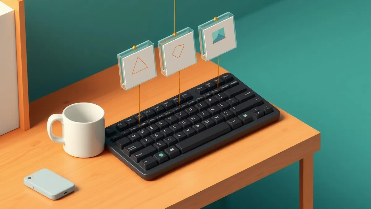 Illustration: A sleek black keyboard sits on a wooden desk next to a white ceramic mug.