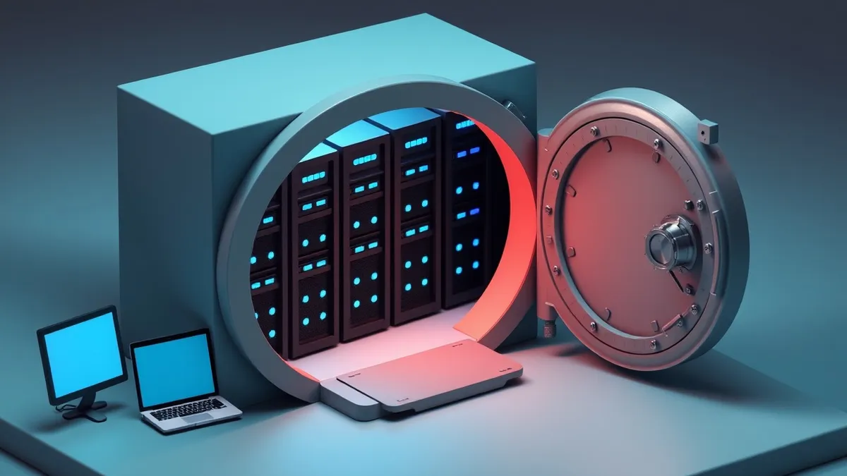 Illustration: A massive bank vault door swings open to reveal rows of black server racks illuminated by soft blue LED lights, representing the scale of data infrastructure financin