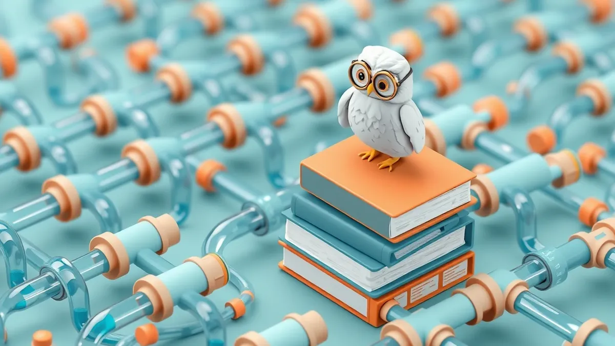 Illustration: A solitary white owl perches atop a stack of blank legal binders, gazing intently over a maze of transparent pipes carrying abstract blue liquid streams.