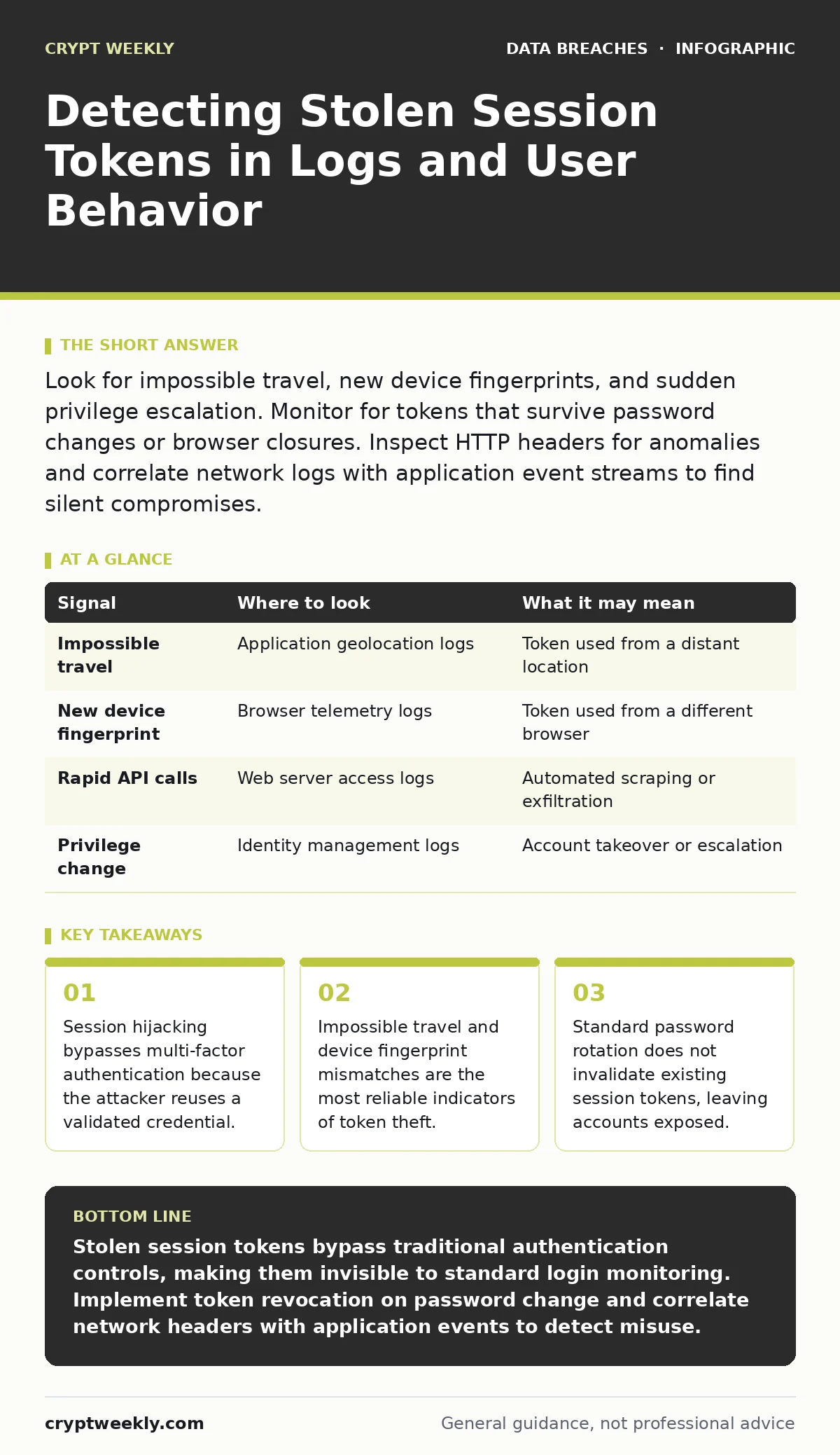 Infographic: Detecting Stolen Session Tokens in Logs and User Behavior. Session hijacking bypasses multi-factor authentication because the attacker reuses a validated credential. Impossible travel and device fingerprint mismatches are the most reliable indicators of token theft. Standard password ro
