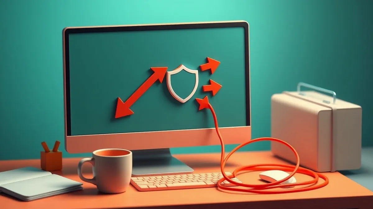 Illustration: A blank computer monitor sits on a desk next to a coffee cup, displaying abstract red arrows that bypass a generic shield icon.