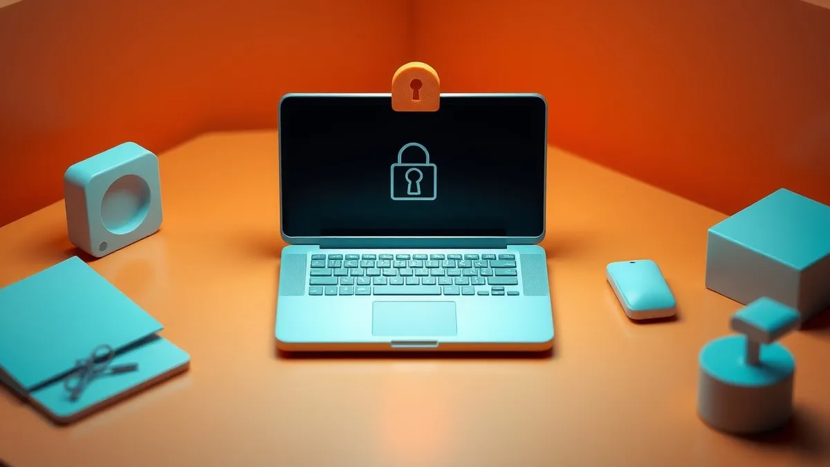 Illustration: A silver laptop rests on a wooden desk with its screen displaying a simple, abstract geometric pattern.