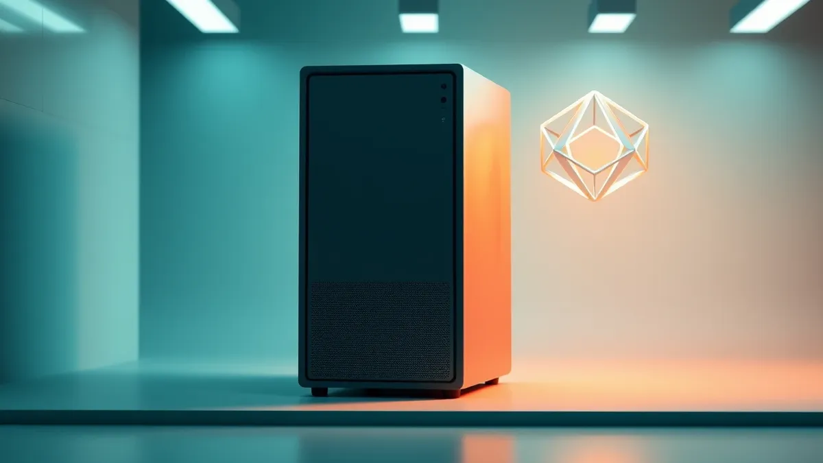 Illustration: A sleek supercomputer tower hums in a cool laboratory room, its blank front panel reflecting soft overhead lights.