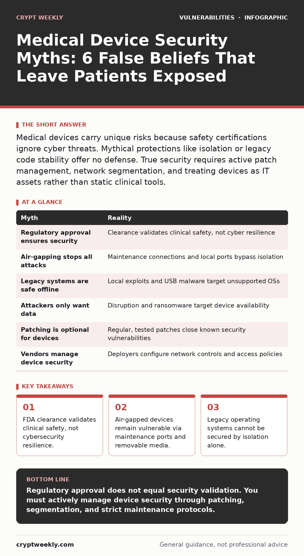 Infographic: Medical Device Security Myths: 6 False Beliefs That Leave Patients Exposed. FDA clearance validates clinical safety, not cybersecurity resilience. Air-gapped devices remain vulnerable via maintenance ports and removable media. Legacy operating systems cannot be secured by isolation alon