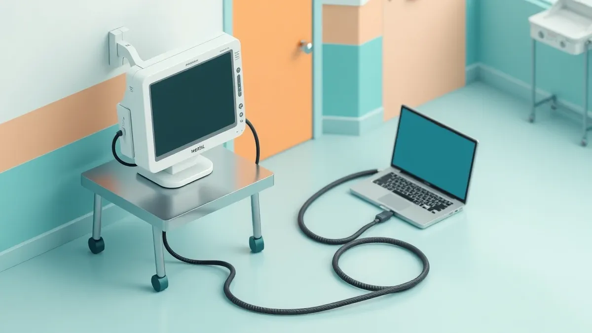 Illustration: A white medical monitor sits on a stainless steel hospital table.