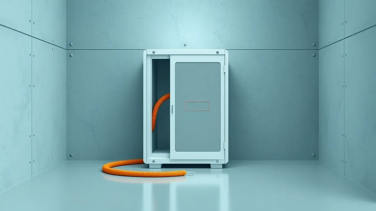 Illustration: A sleek white server cabinet sits inside a minimalist concrete room.