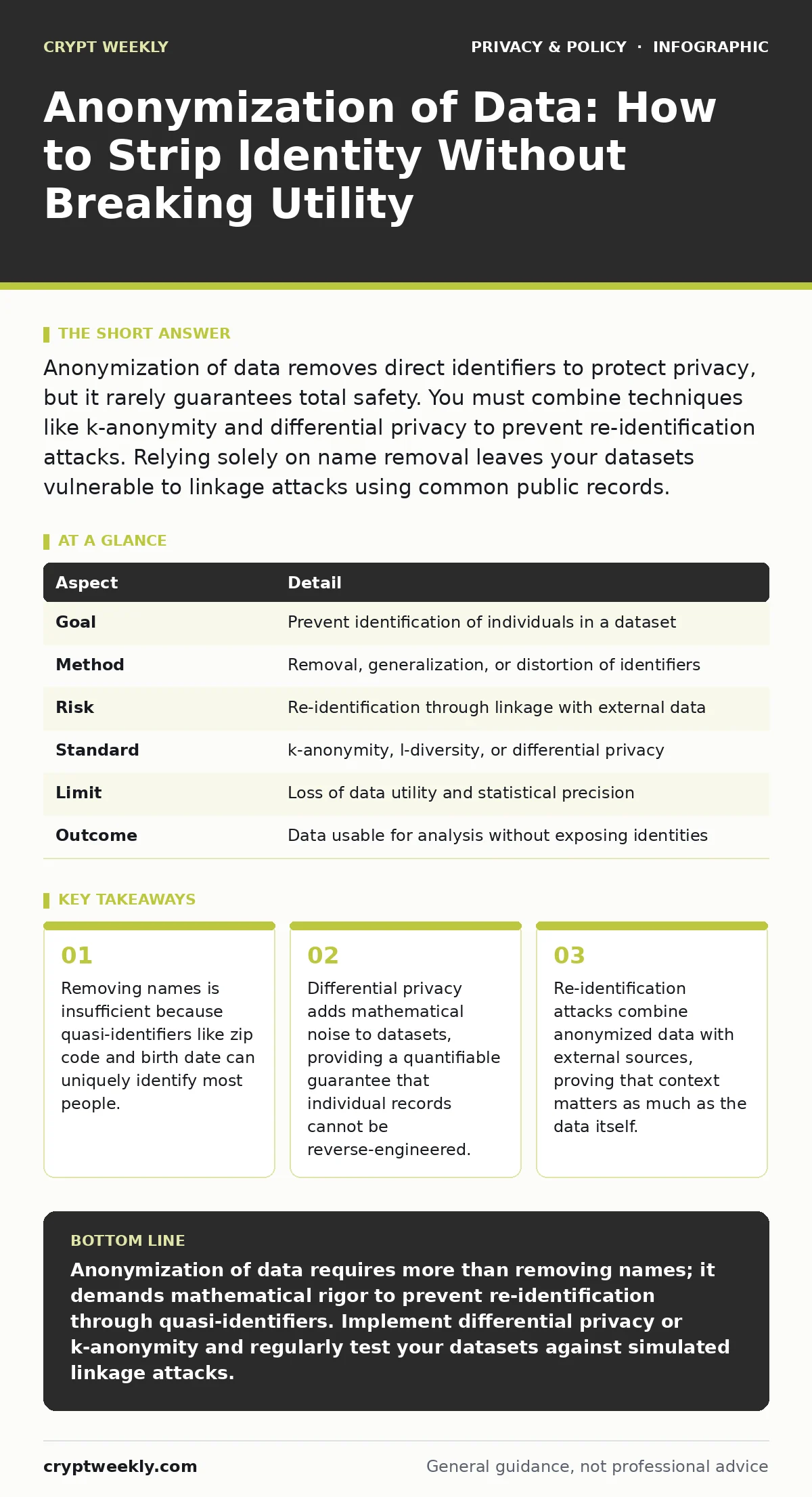 Infographic: Anonymization of Data: How to Strip Identity Without Breaking Utility. Removing names is insufficient because quasi-identifiers like zip code and birth date can uniquely identify most people. Differential privacy adds mathematical noise to datasets, providing a quantifiable guarantee th