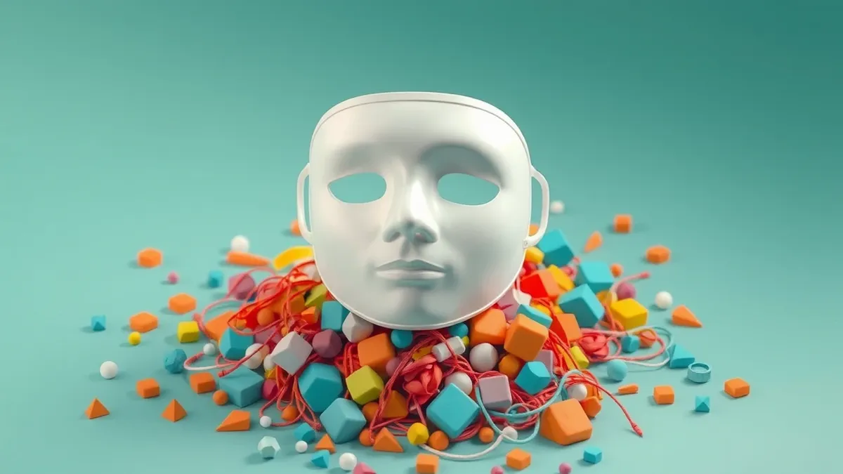 Illustration: A translucent white mask sits atop a chaotic pile of colorful geometric shapes and tangled threads.