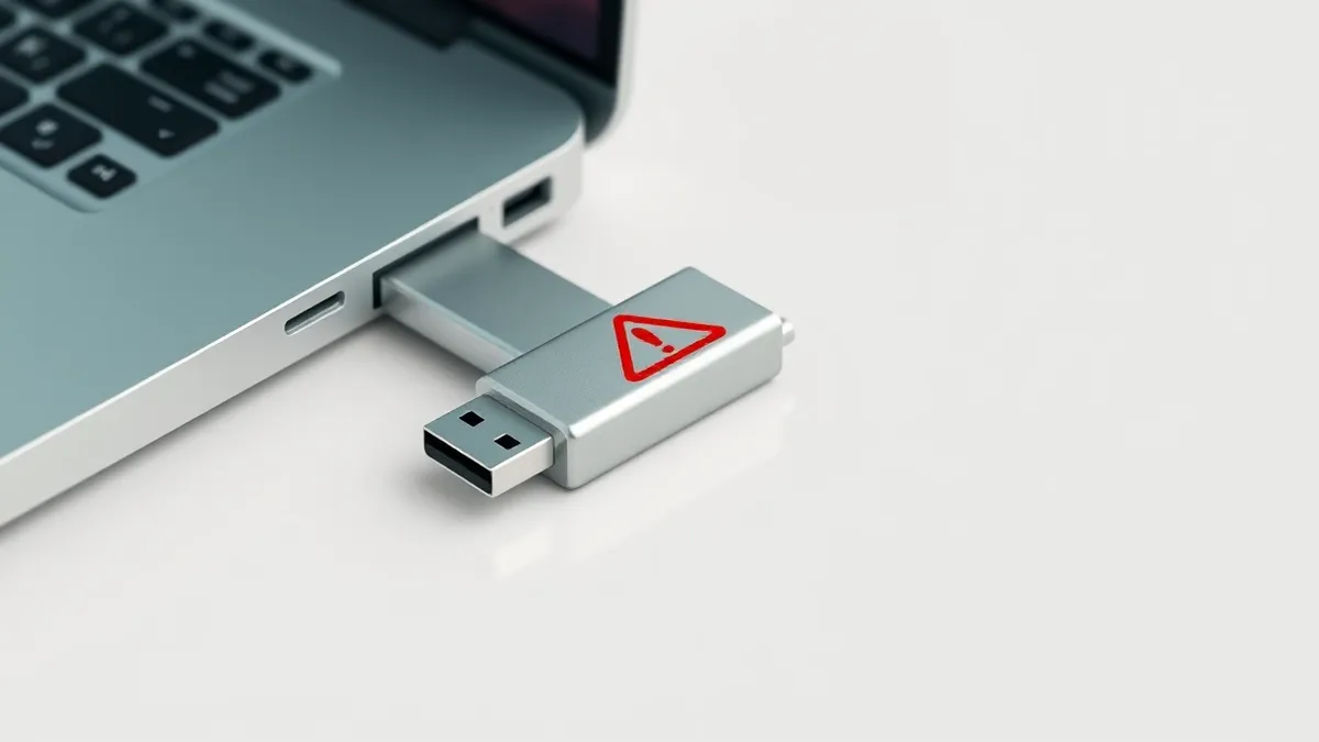 Illustration: A sleek silver USB flash drive sits plugged into the USB port of a modern laptop computer.