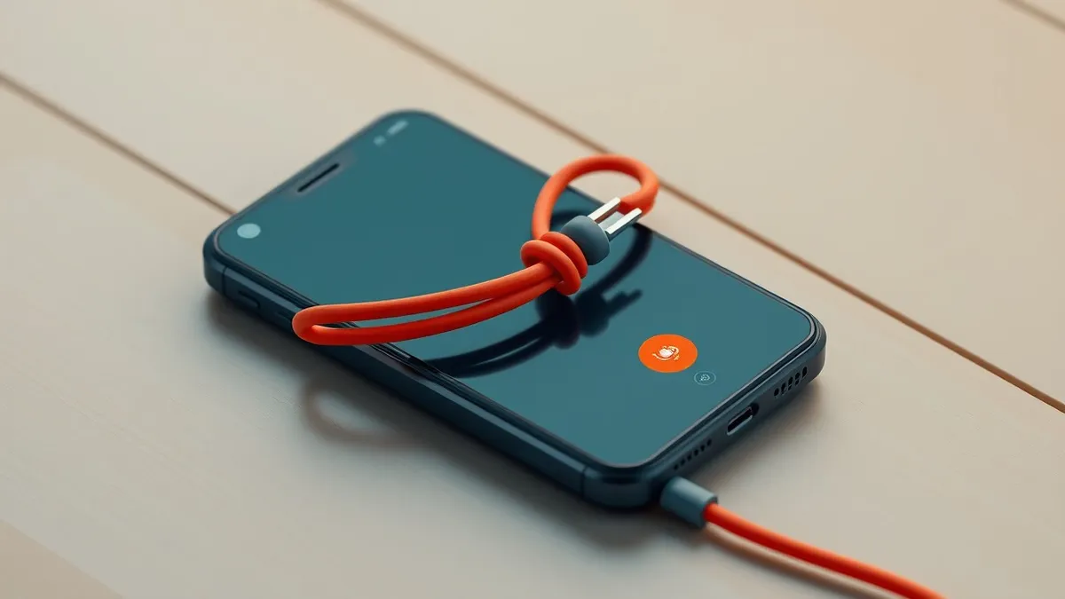 Illustration: A black smartphone rests on a wooden surface with its screen displaying a generic incoming call interface.