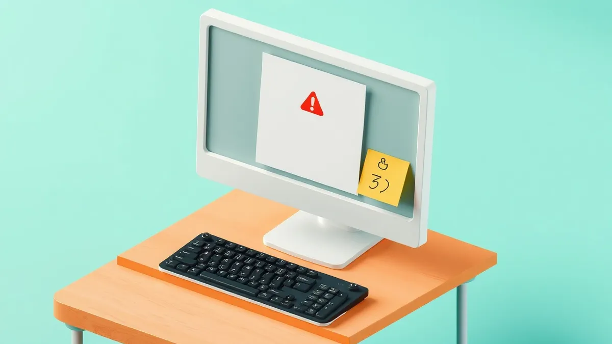Illustration: A white desktop computer monitor sits on a wooden desk, displaying a blank document with a single red warning icon.
