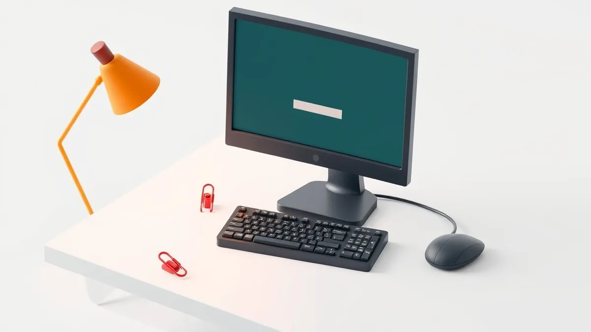 Illustration: A sleek black desktop computer sits on a clean white desk with its monitor displaying a blank generic login interface.