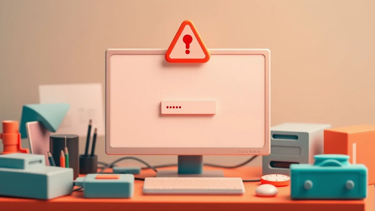 Illustration: A blank computer monitor sits on a cluttered desk, its screen displaying a generic login window with an empty password field.