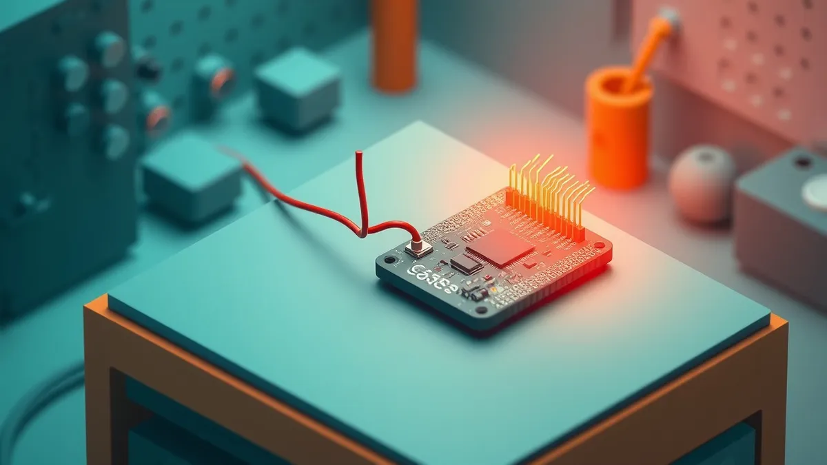 Illustration: A dormant circuit board rests on a workbench, its surface calm and inactive.