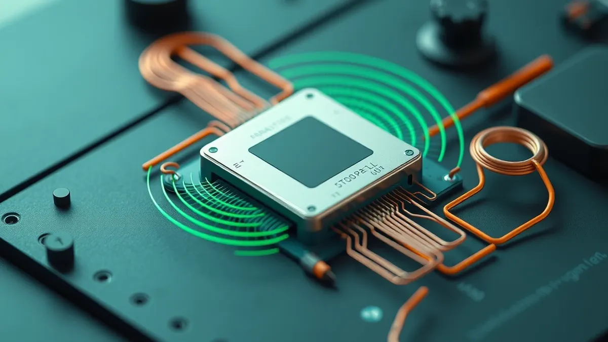 Illustration: A silver microprocessor rests on a dark workbench, surrounded by delicate copper coils and thin wires that measure faint electromagnetic waves.