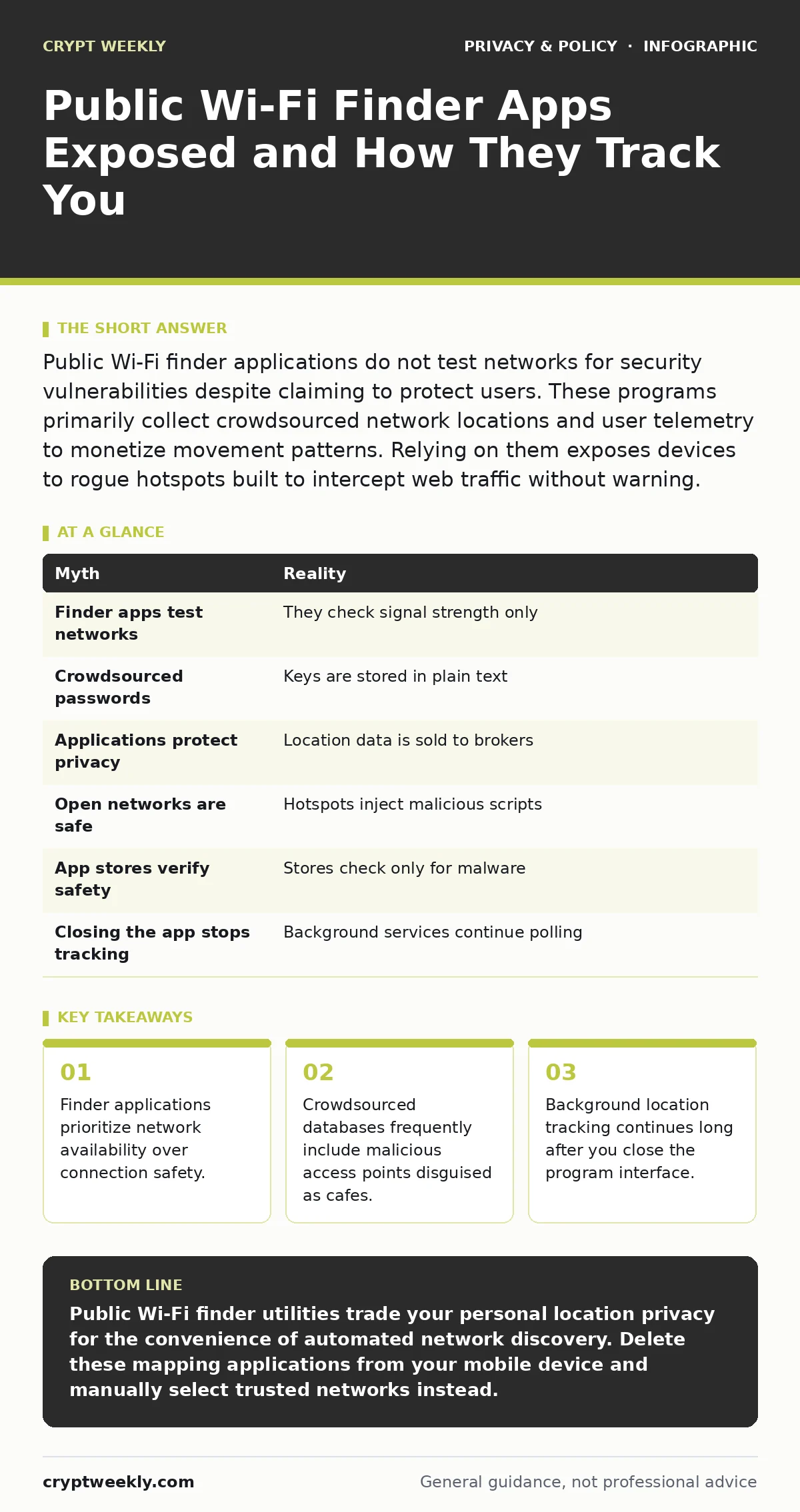 Infographic: Public Wi-Fi Finder Apps Exposed and How They Track You. Finder applications prioritize network availability over connection safety. Crowdsourced databases frequently include malicious access points disguised as cafes. Background location tracking continues long after you close the prog