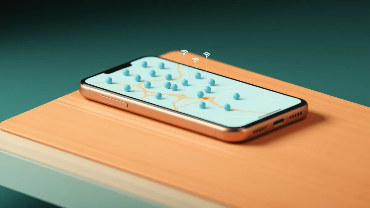 Illustration: A smartphone rests on a wooden table, its screen displaying a simplified map with scattered blue dots indicating nearby public Wi-Fi networks.