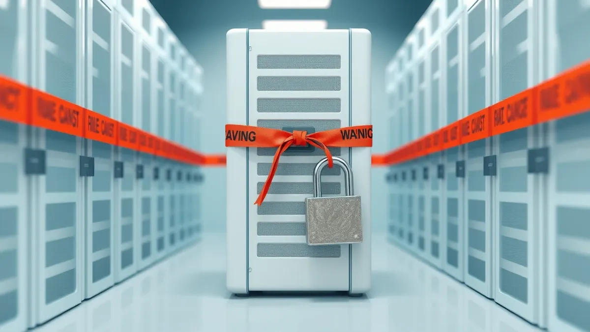 Illustration: A row of generic white server blades sits inside a sterile data center aisle.