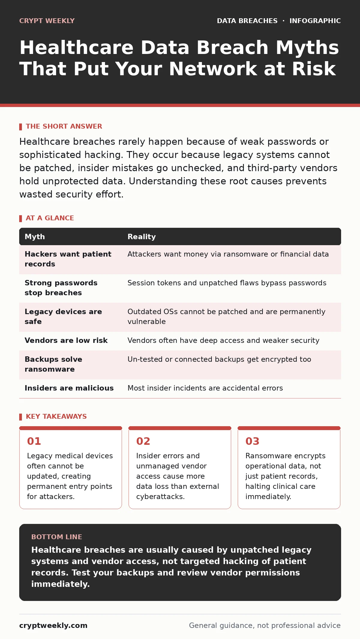 Infographic: Healthcare Data Breach Myths That Put Your Network at Risk. Legacy medical devices often cannot be updated, creating permanent entry points for attackers. Insider errors and unmanaged vendor access cause more data loss than external cyberattacks. Ransomware encrypts operational data, no