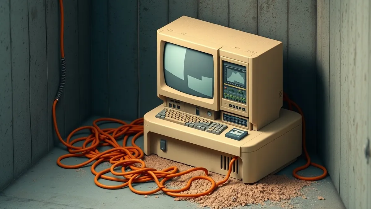 Illustration: A dusty, beige mainframe computer sits abandoned in a dim storage room, its tangled cables spilling onto the concrete floor like dead vines.