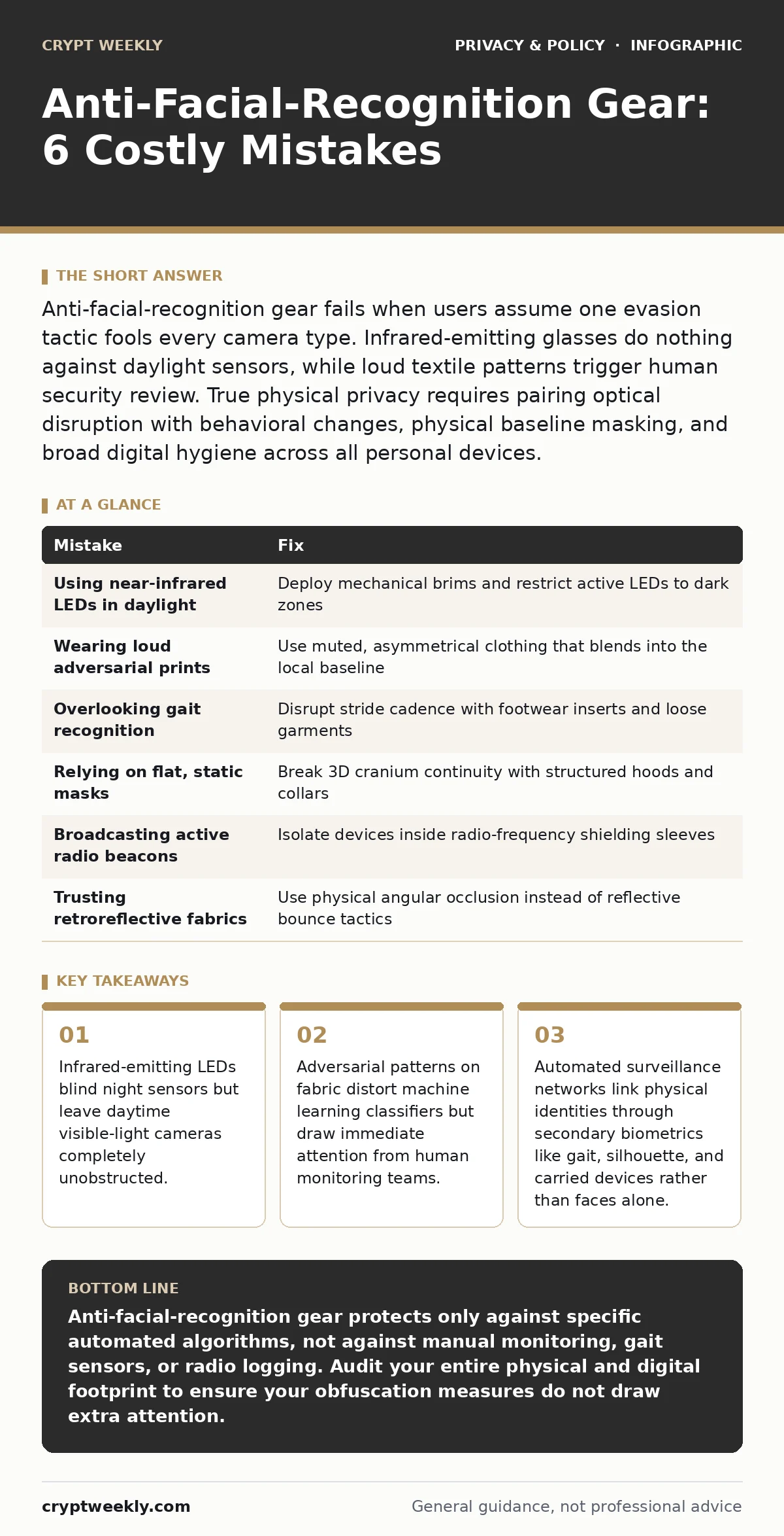 Infographic: Anti-Facial-Recognition Gear: 6 Costly Mistakes. Infrared-emitting LEDs blind night sensors but leave daytime visible-light cameras completely unobstructed. Adversarial patterns on fabric distort machine learning classifiers but draw immediate attention from human monitoring teams. Auto
