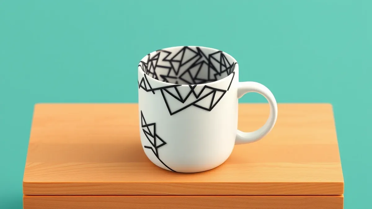 Illustration: A white ceramic mug sits on a wooden table, its surface covered in chaotic black geometric shapes designed to disrupt optical tracking.
