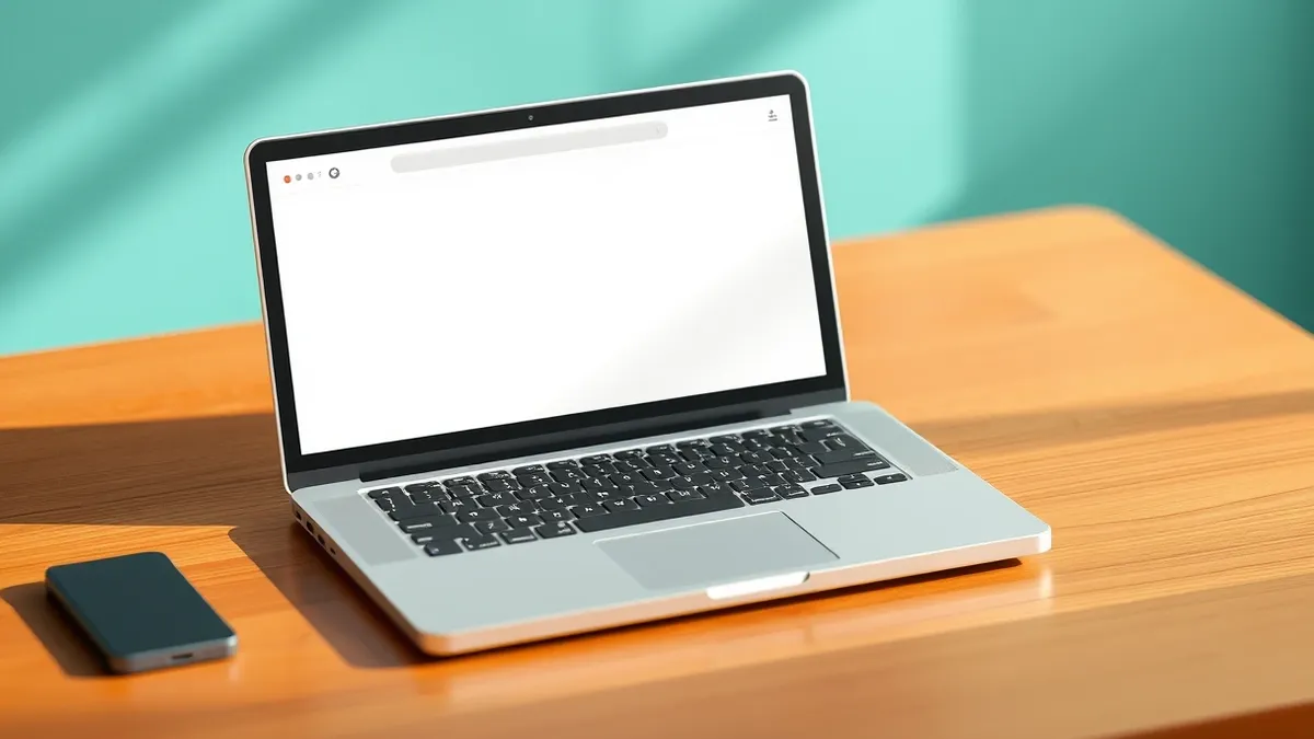 Illustration: A silver laptop sits open on a wooden desk with the lid slightly ajar.