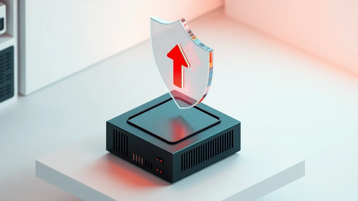 Illustration: A sleek black network security appliance sits on a clean white surface, its blank touchscreen displaying abstract geometric shapes.