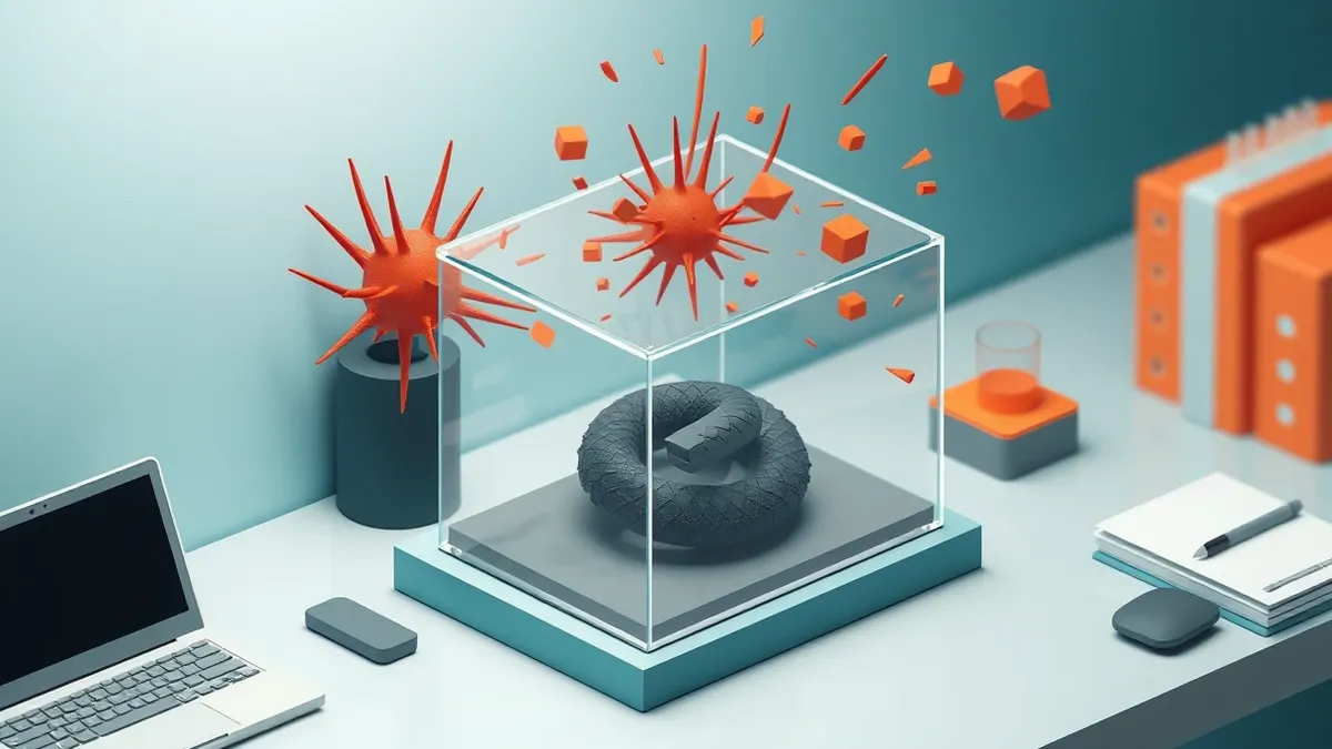 Illustration: A transparent glass box sits on a clean desk, containing a dormant, dark geometric shape that resembles a coiled snake.