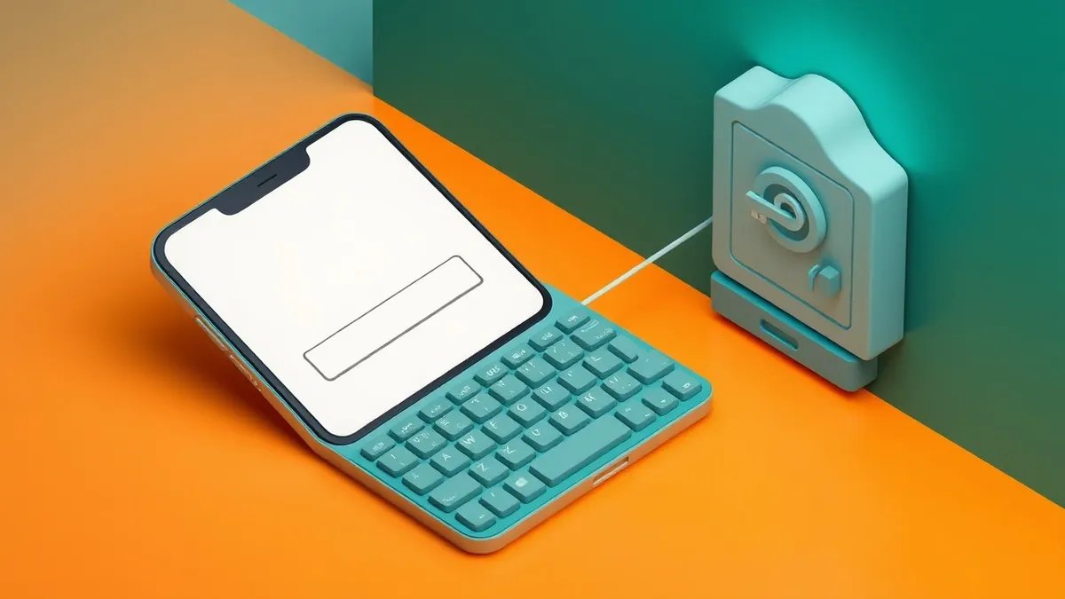 Illustration: A blank smartphone rests beside a generic keyboard, connected by an invisible beam of light to a server icon shaped like a solid vault.