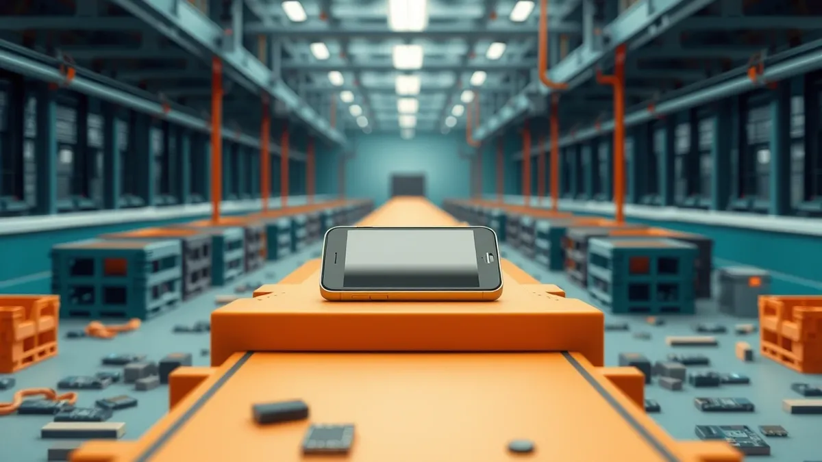 Illustration: A single smartphone sits on a conveyor belt in an empty factory, its screen blank and reflecting overhead lights.