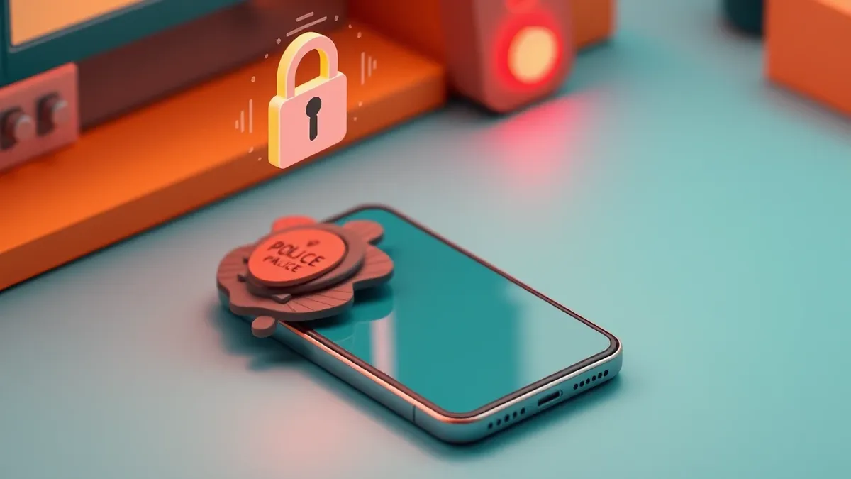 Illustration: A police badge rests on a desk next to a smartphone displaying a blank screen.