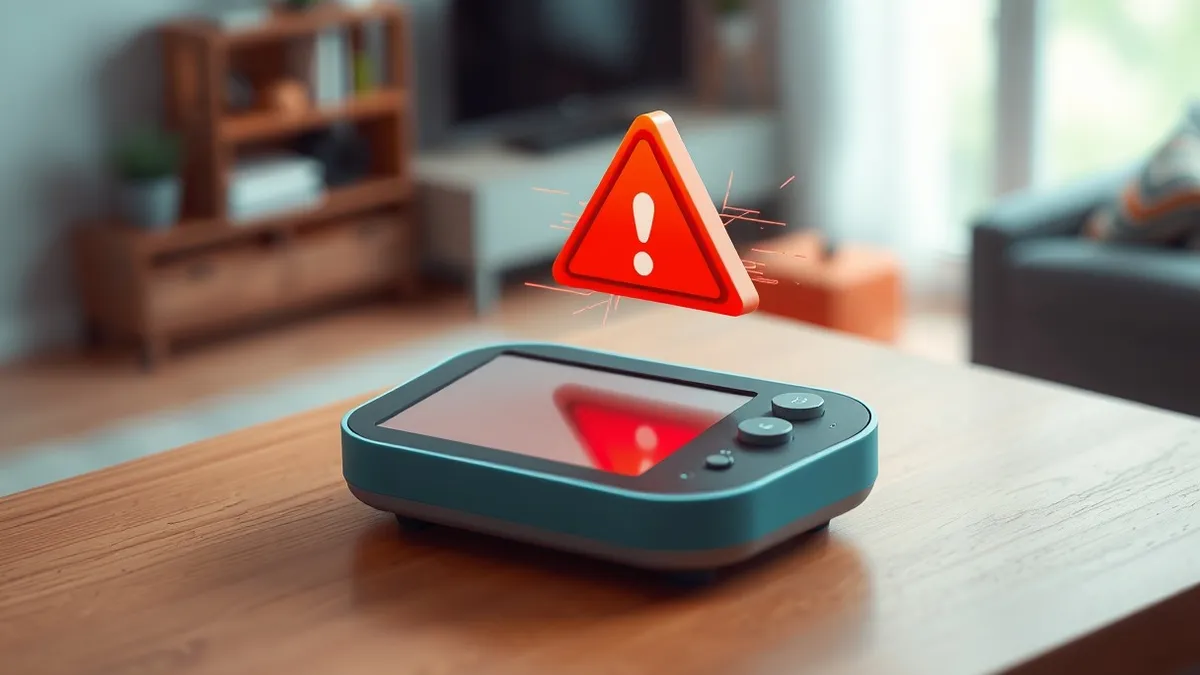 Illustration: A smart home control hub sits on a wooden table.