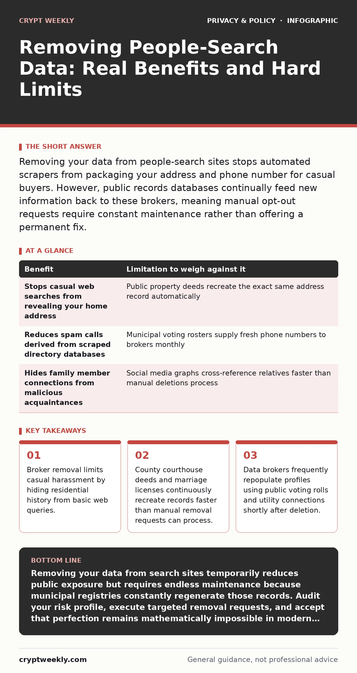 Infographic: Removing People-Search Data: Real Benefits and Hard Limits. Broker removal limits casual harassment by hiding residential history from basic web queries. County courthouse deeds and marriage licenses continuously recreate records faster than manual removal requests can process. Data bro