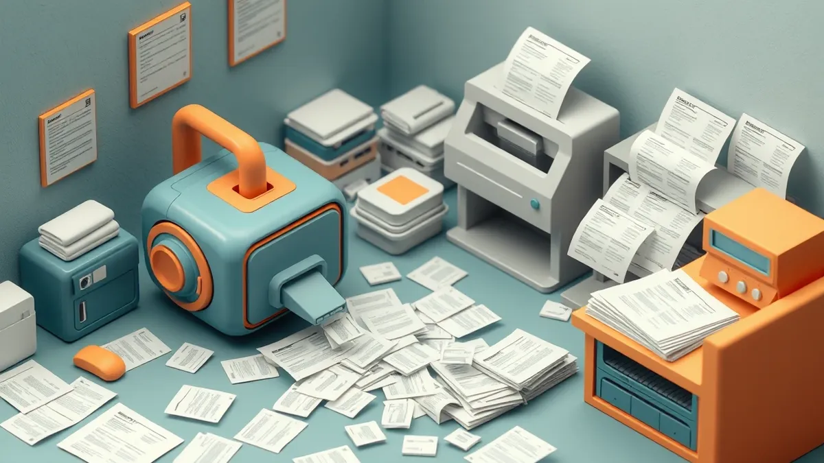 Illustration: A digital vacuum cleaner sucks up scattered paper profiles from a cluttered desk, yet fresh identical sheets continuously print from a government-style stamp machine