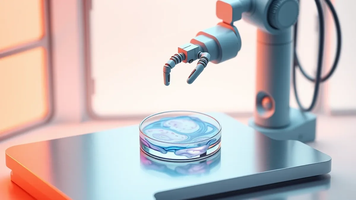 Illustration: A sleek robotic arm in a sterile laboratory delicately places a single transparent petri dish onto a polished steel table.