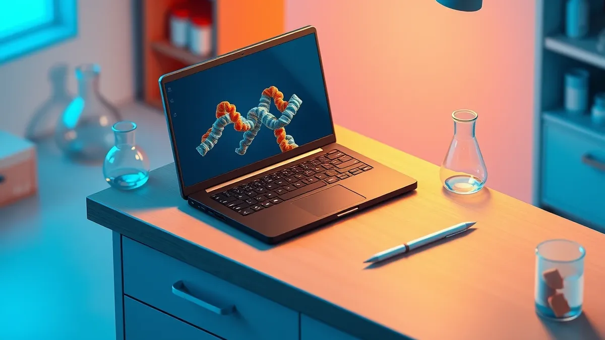 Illustration: A sleek black laptop sits open on a polished wooden laboratory bench, its screen displaying a rotating, colorful three-dimensional ribbon structure of a protein.