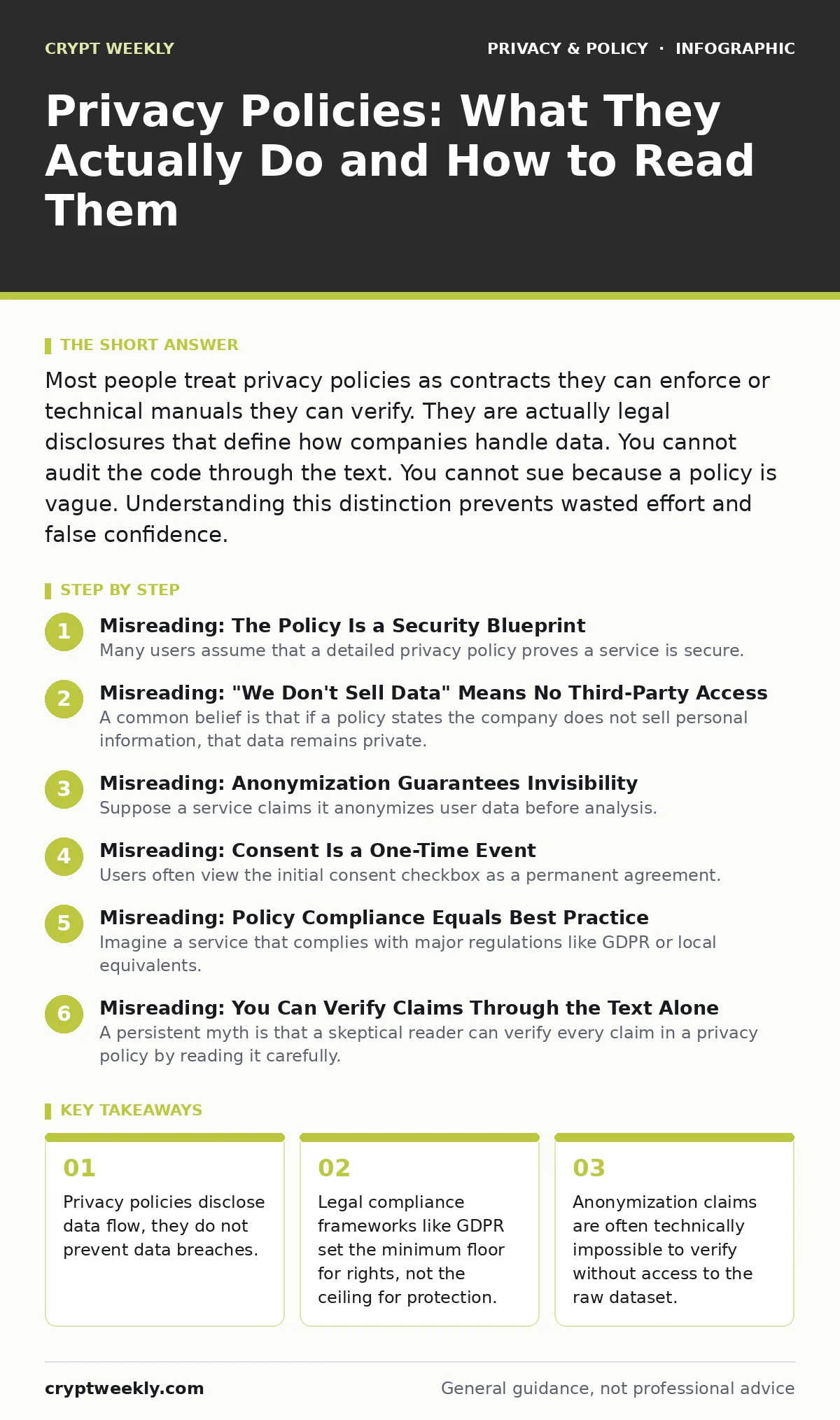 Infographic: Privacy Policies: What They Actually Do and How to Read Them. Privacy policies disclose data flow, they do not prevent data breaches. Legal compliance frameworks like GDPR set the minimum floor for rights, not the ceiling for protection. Anonymization claims are often technically imposs