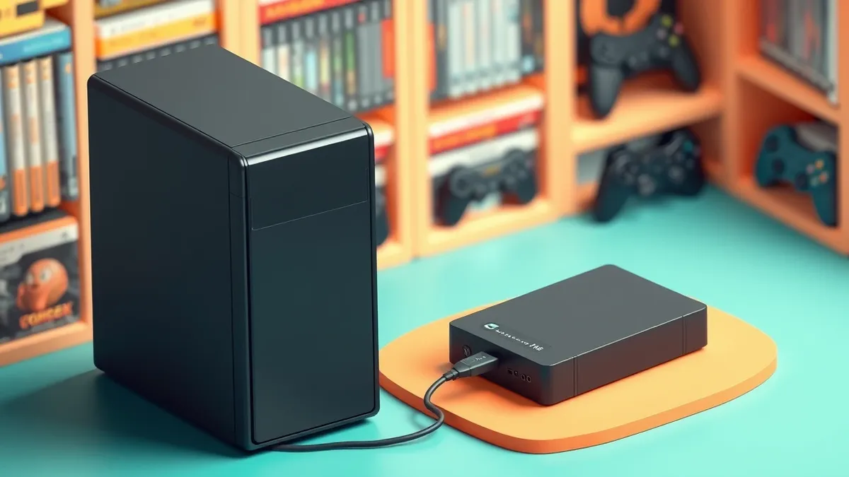 Illustration: A sleek black desktop tower sits beside a large external hard drive.