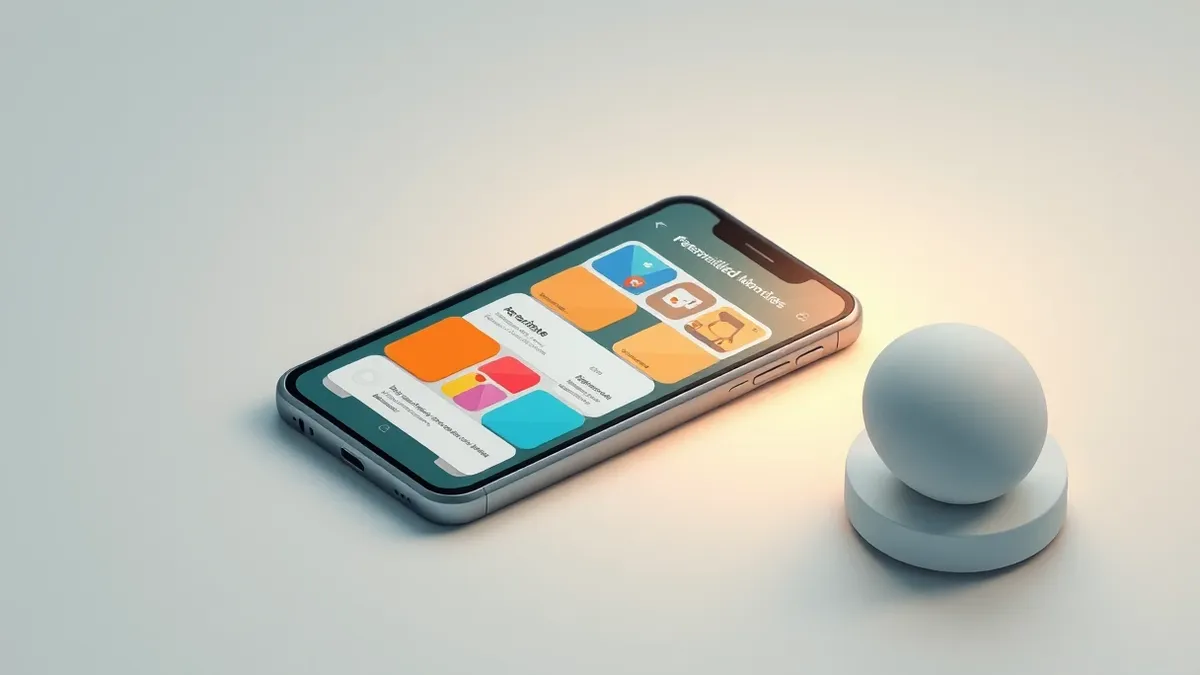 Illustration: A sleek smartphone rests on a clean white surface, its screen displaying a grid of colorful, abstract geometric shapes that represent personalized ad recommendations.