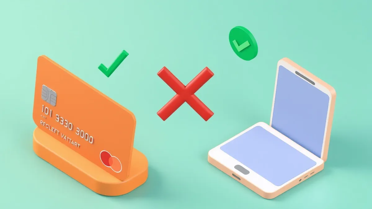 Illustration: A split composition shows a physical credit card on the left and a generic smartphone on the right.