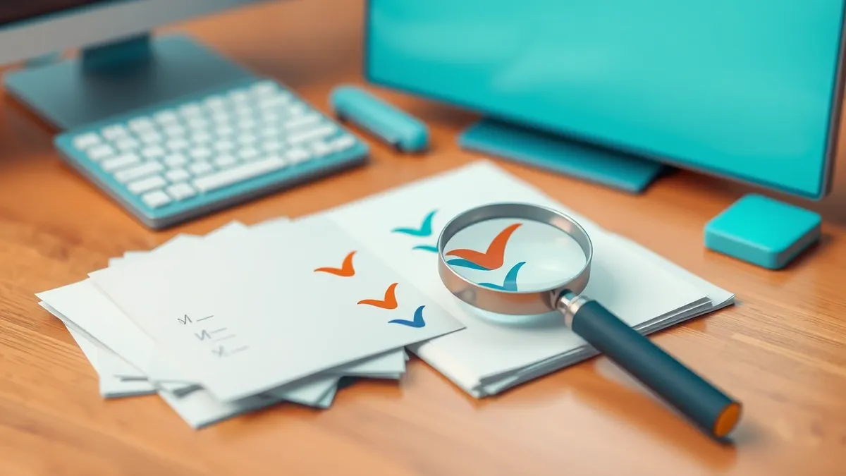 Illustration: A scattered pile of blank paper documents lies on a wooden desk next to a single sheet marked with abstract red and blue checkmarks.